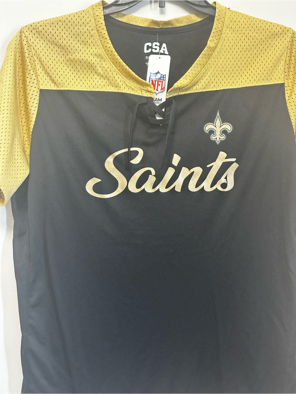 New Orleans Saints Women's Lace-Up V-Neck Jersey Top - Black and Gold